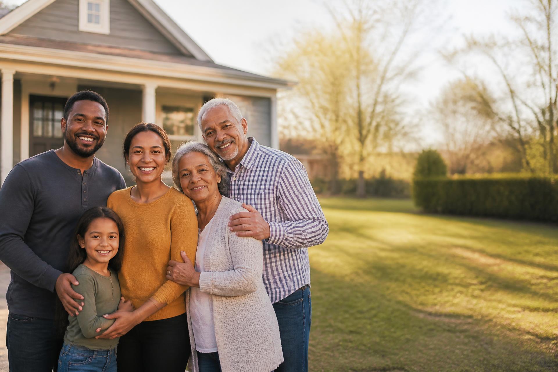 A multi-generational family standing together in front of their home.